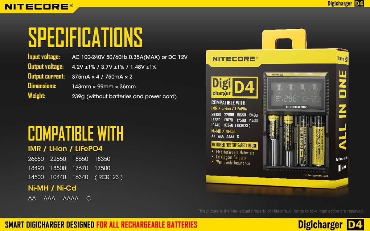 Chargeur Accus - Nitecore D4 - Nitecore - BYCLOPE