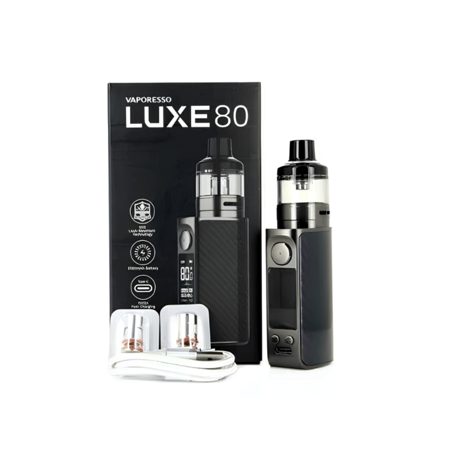 Contenu du kit Luxe 80 : batterie, réservoir, deux résistances GTX et câble USB-C