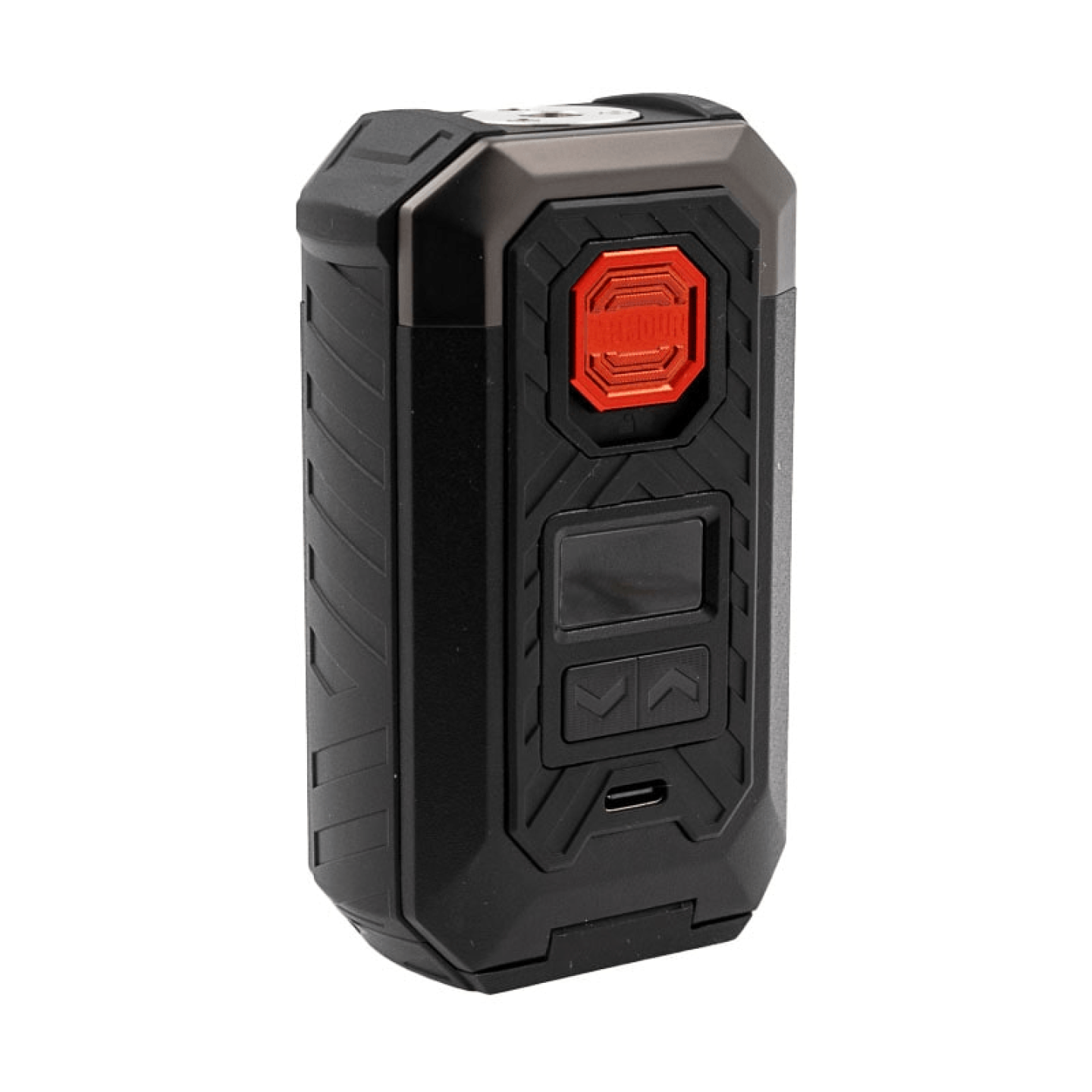 Box Armour S Vaporesso coloris Black, vue de trois quarts avec son bouton de tir