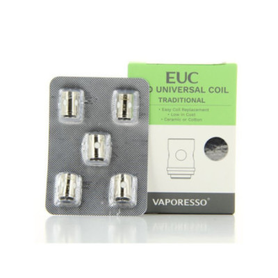 Pack de 5 résistances EUC Traditional Vaporesso devant sa boîte verte