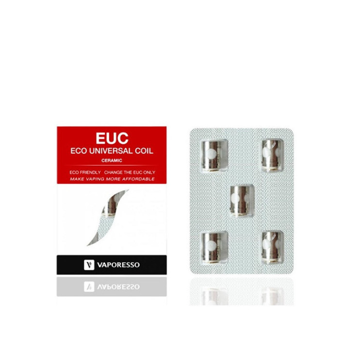 Plaquette de 5 résistances EUC Ceramic Vaporesso à côté de sa boîte rouge