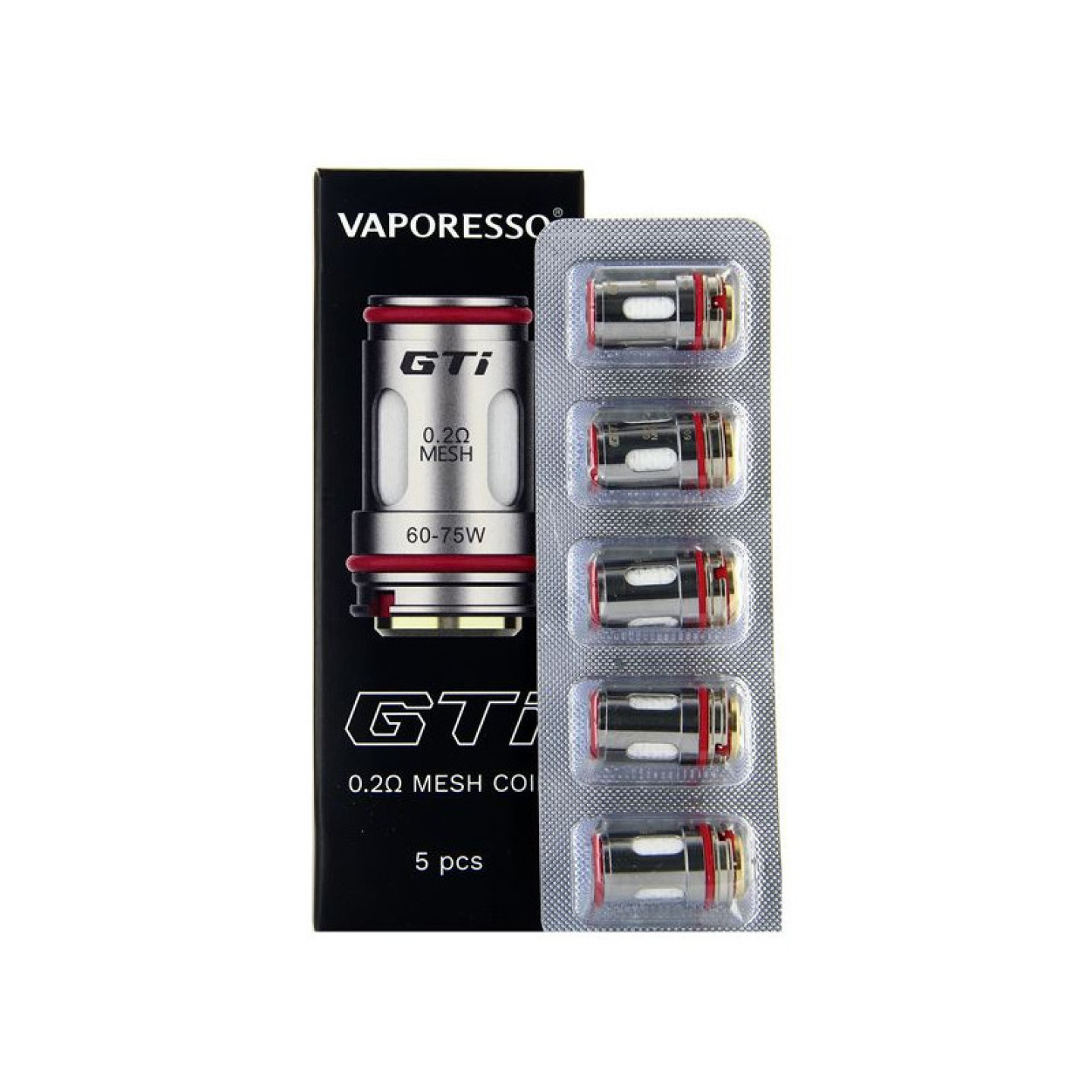 Boîte et plaquette de 5 résistances GTi Vaporesso 0.2 ohm