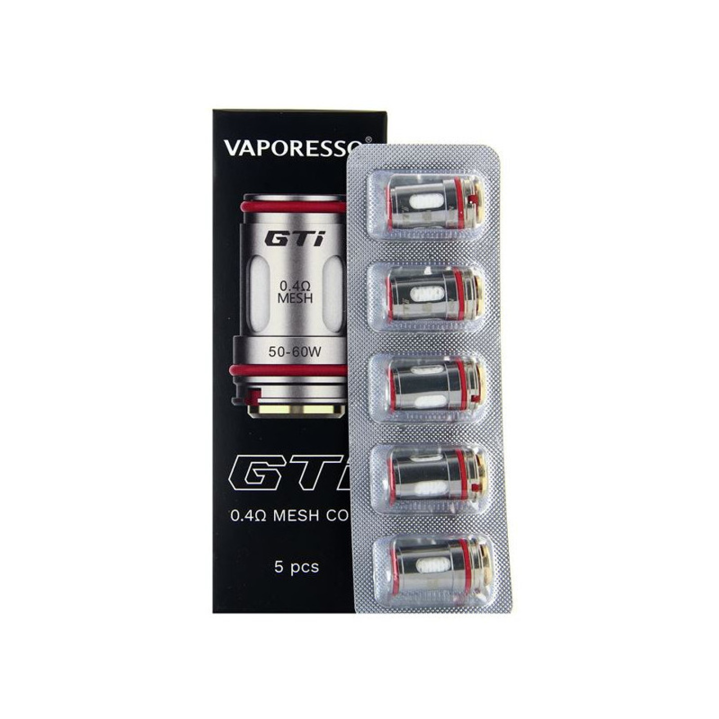 Boîte et plaquette de 5 résistances GTi Vaporesso 0.4 ohm