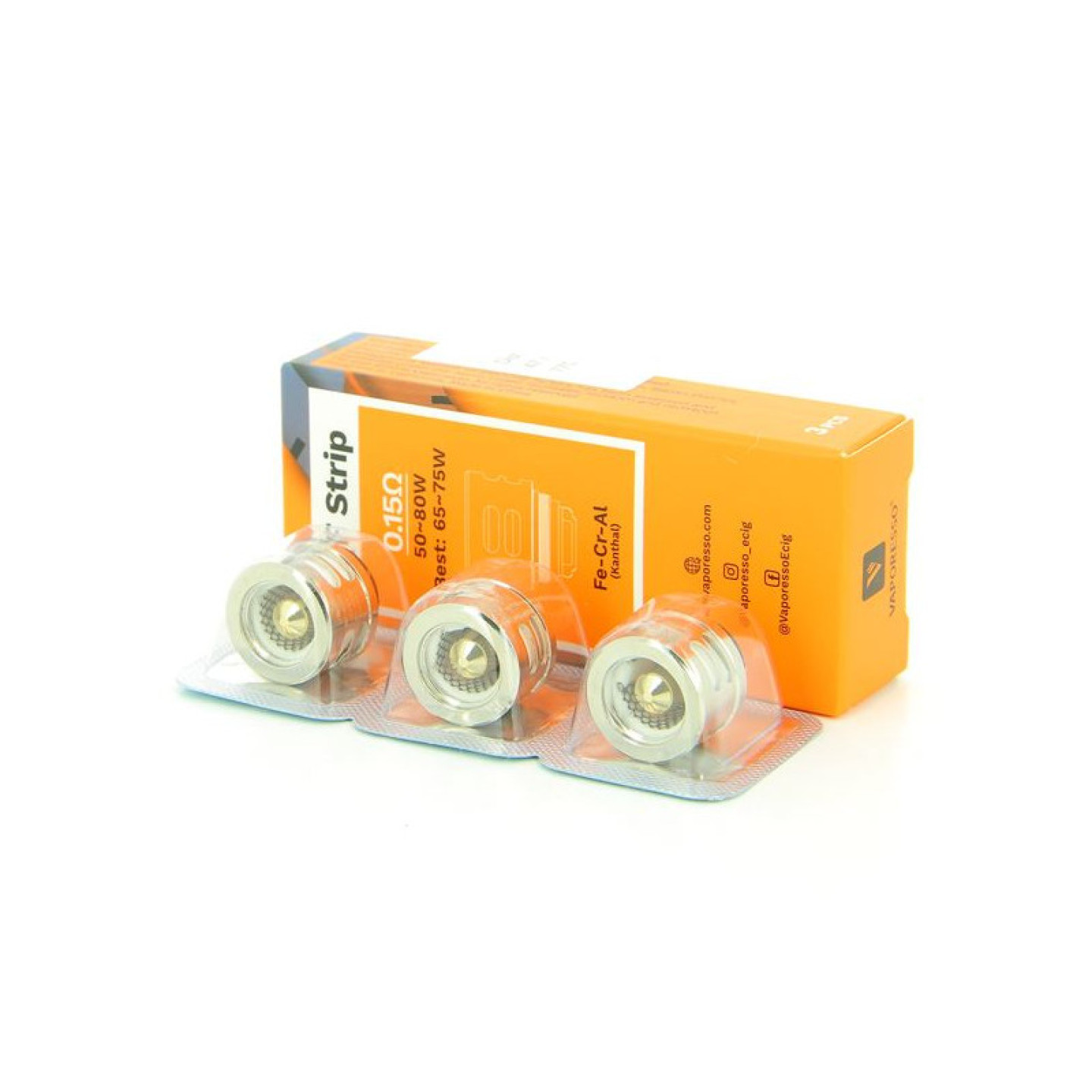 Trois résistances QF Strip Vaporesso 0.15 ohm posées devant leur boîte orange
