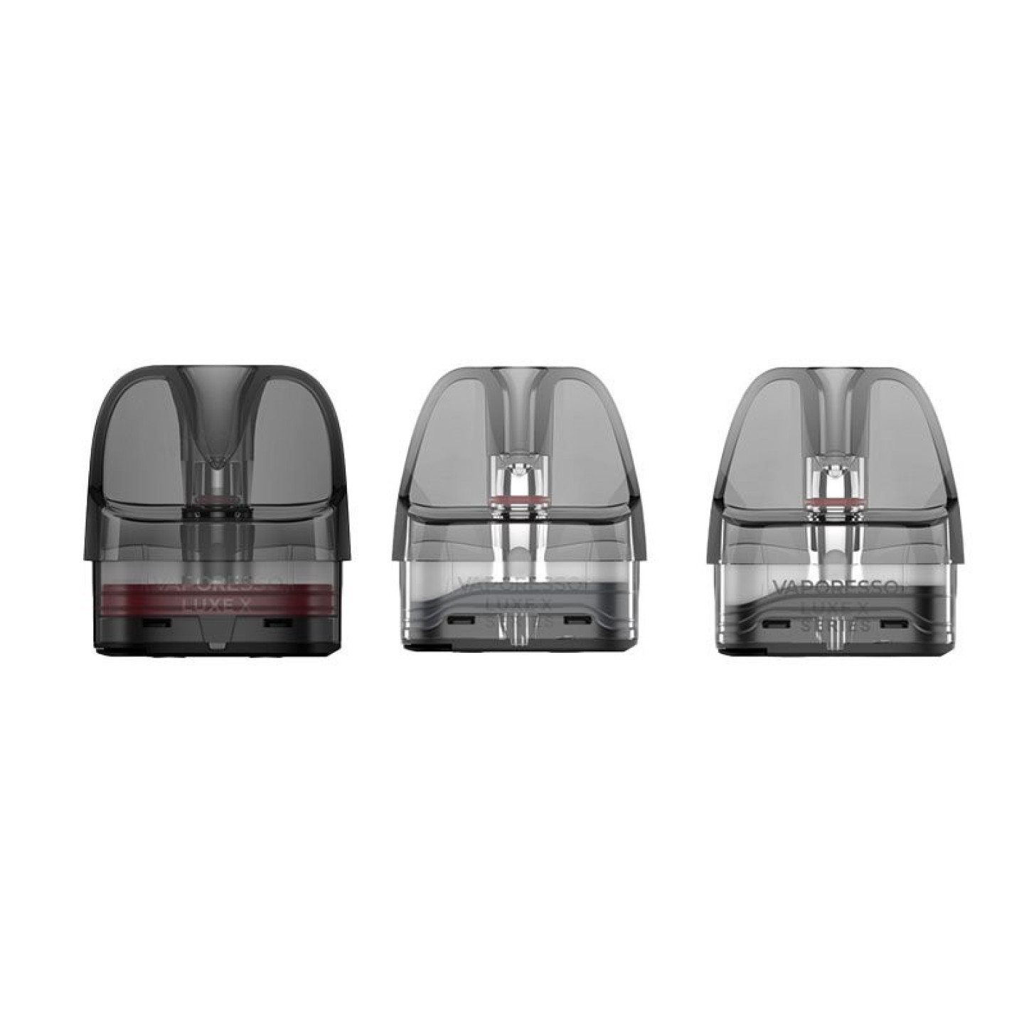 Trois cartouches Luxe X Vaporesso côte à côte, vue de face