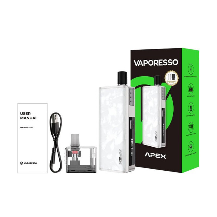 Contenu de la boîte du kit Apex : batterie, cartouche de rechange, câble USB-C et manuel