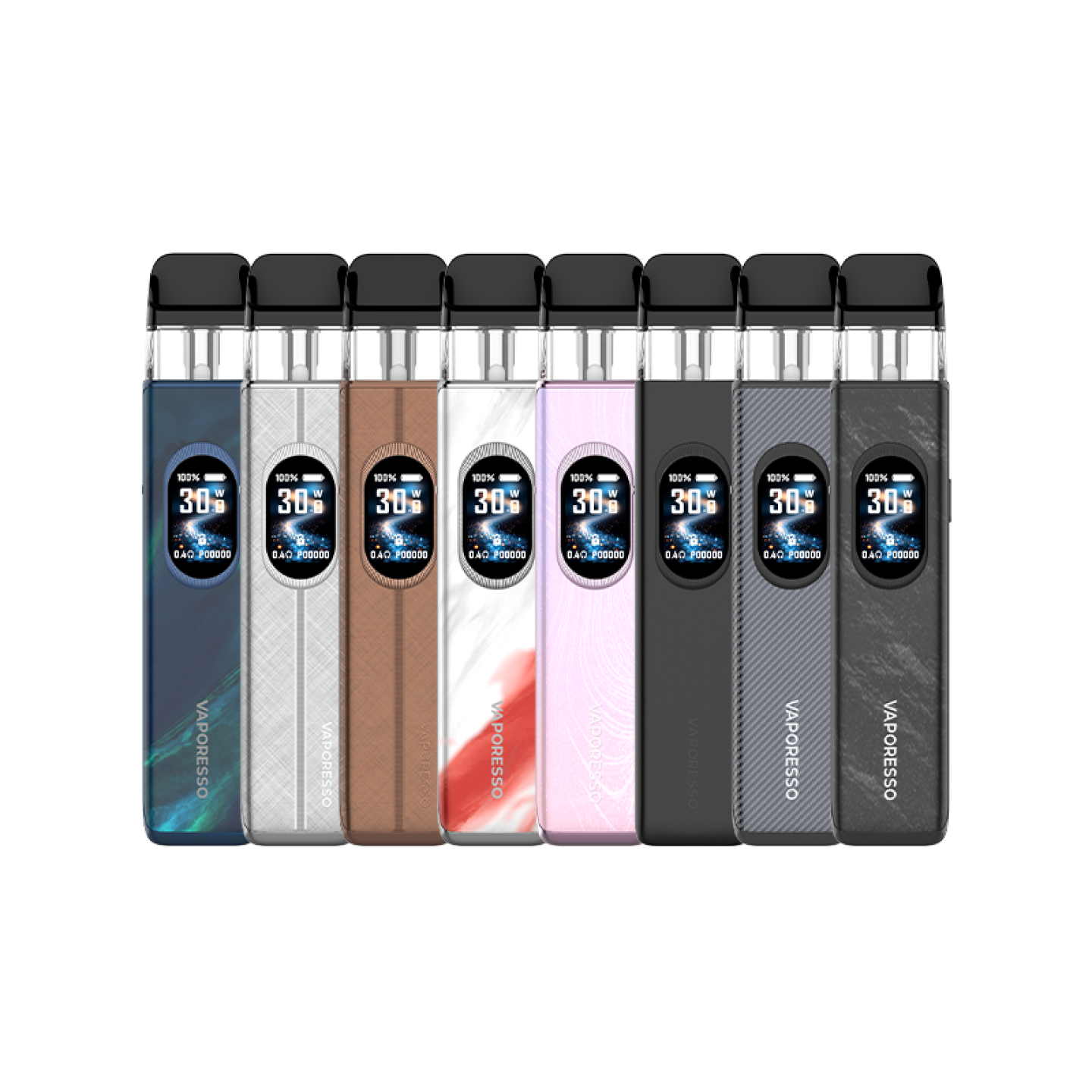 Huit coloris du kit pod XROS 6 Vaporesso avec leur écran allumé