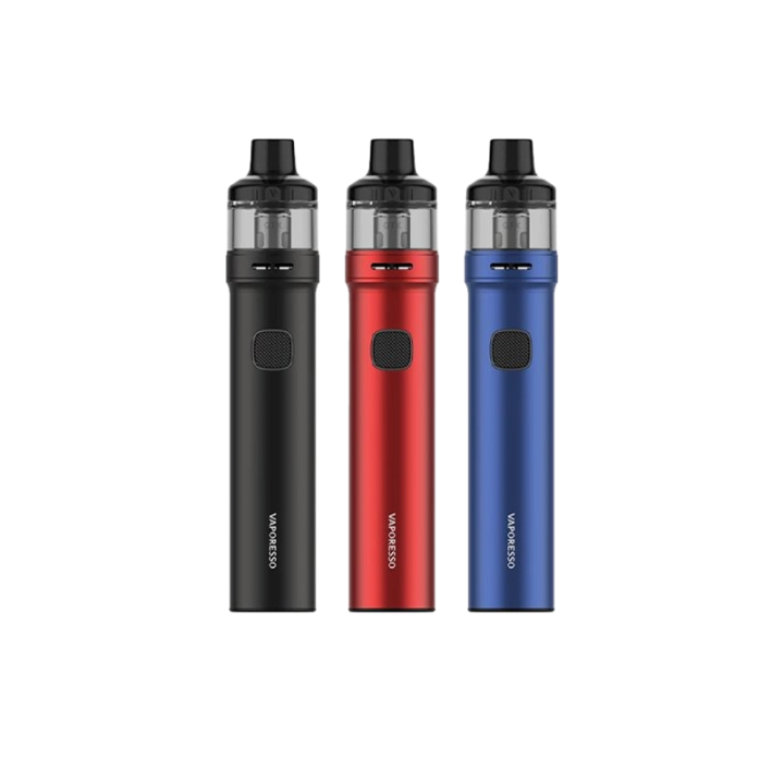 Kit pod GTX GO 80 Vaporesso en noir, rouge et bleu côte à côte