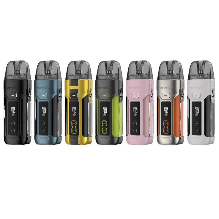 Les sept coloris du kit pod Luxe X Pro Vaporesso côte à côte