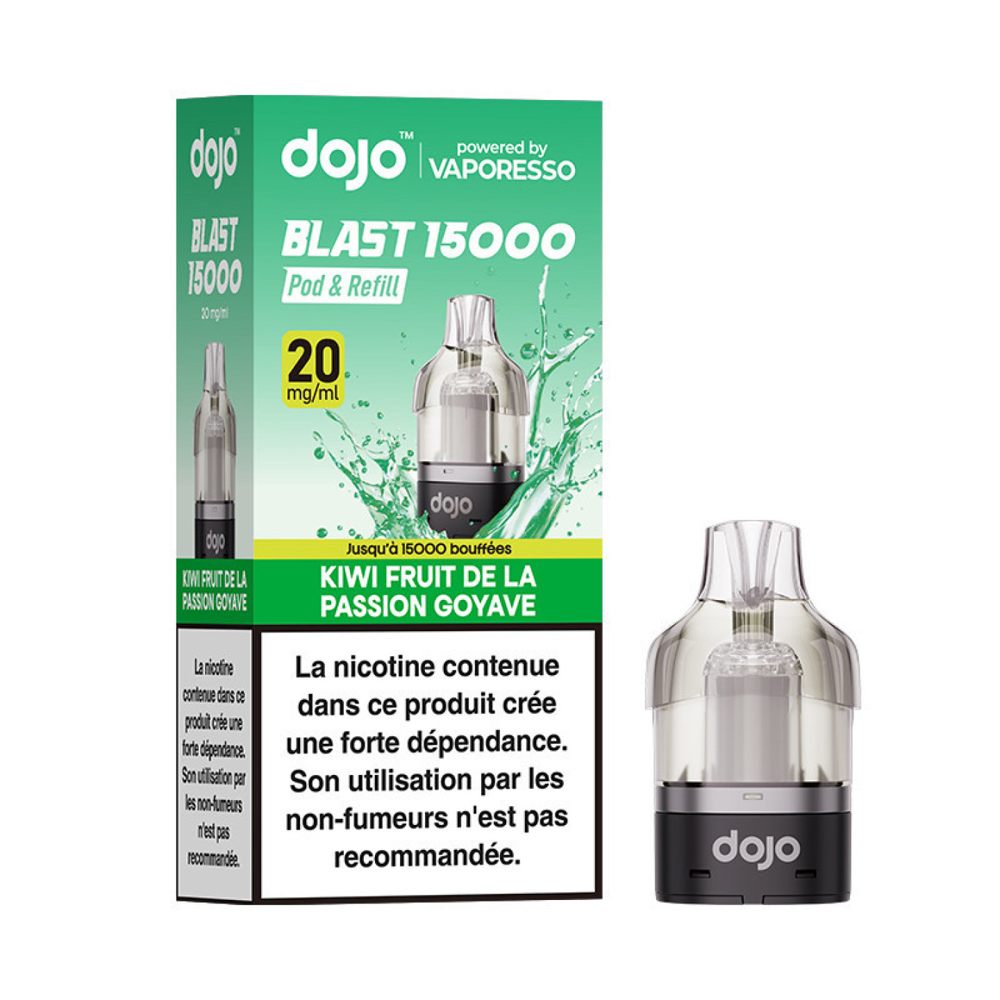 Cartouche Dojo Blast 10 ml Vaporesso saveur Kiwi Fruit de la Passion Goyave et sa boîte