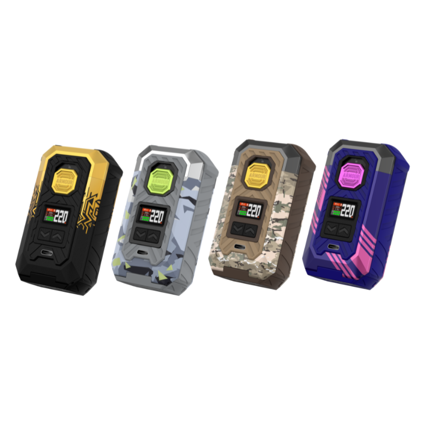 Gamme de coloris camouflage et cyber de la box Armour Max Vaporesso