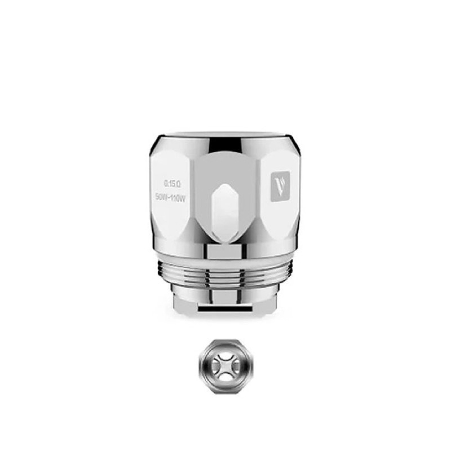 Résistance GT8 Core Vaporesso en gros plan, gravure 0.15 ohm 50W-110W et vue du dessous
