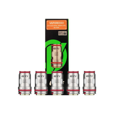 Boîte de 5 résistances GTi Dual Mesh Vaporesso 0.2 ohm et résistances devant