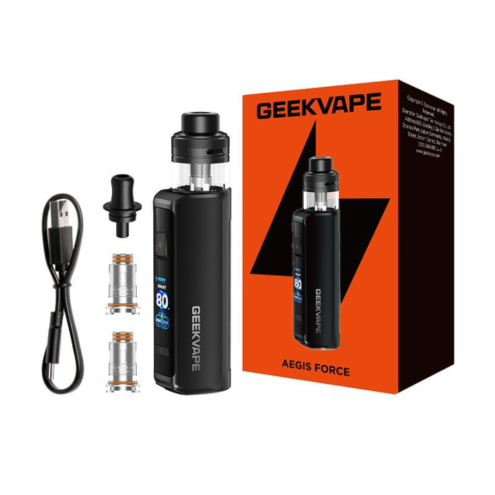 Contenu du kit Aegis Force : appareil, boîte, drip tip MTL, deux résistances et câble USB-C