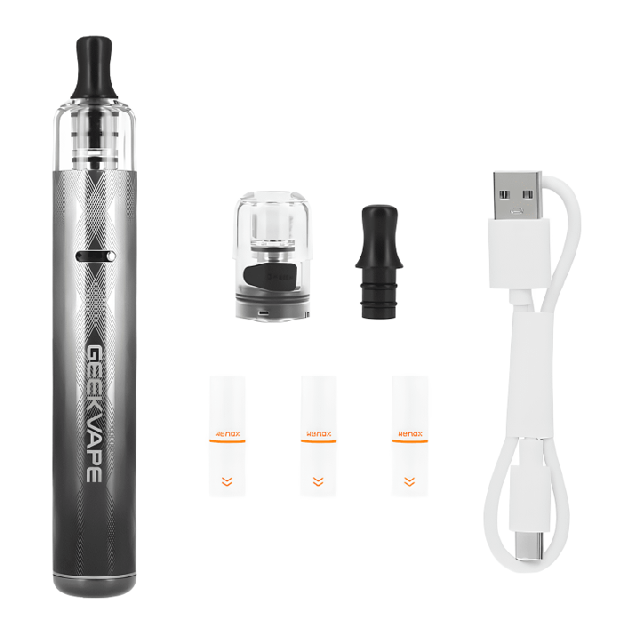 Wenax S3 Geekvape avec sa cartouche S, un embout, des embouts filtre et le câble USB-C