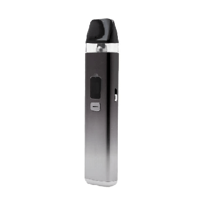 Kit Pod Wenax Q Geekvape en dégradé noir et argent, vue de trois quarts avec écran