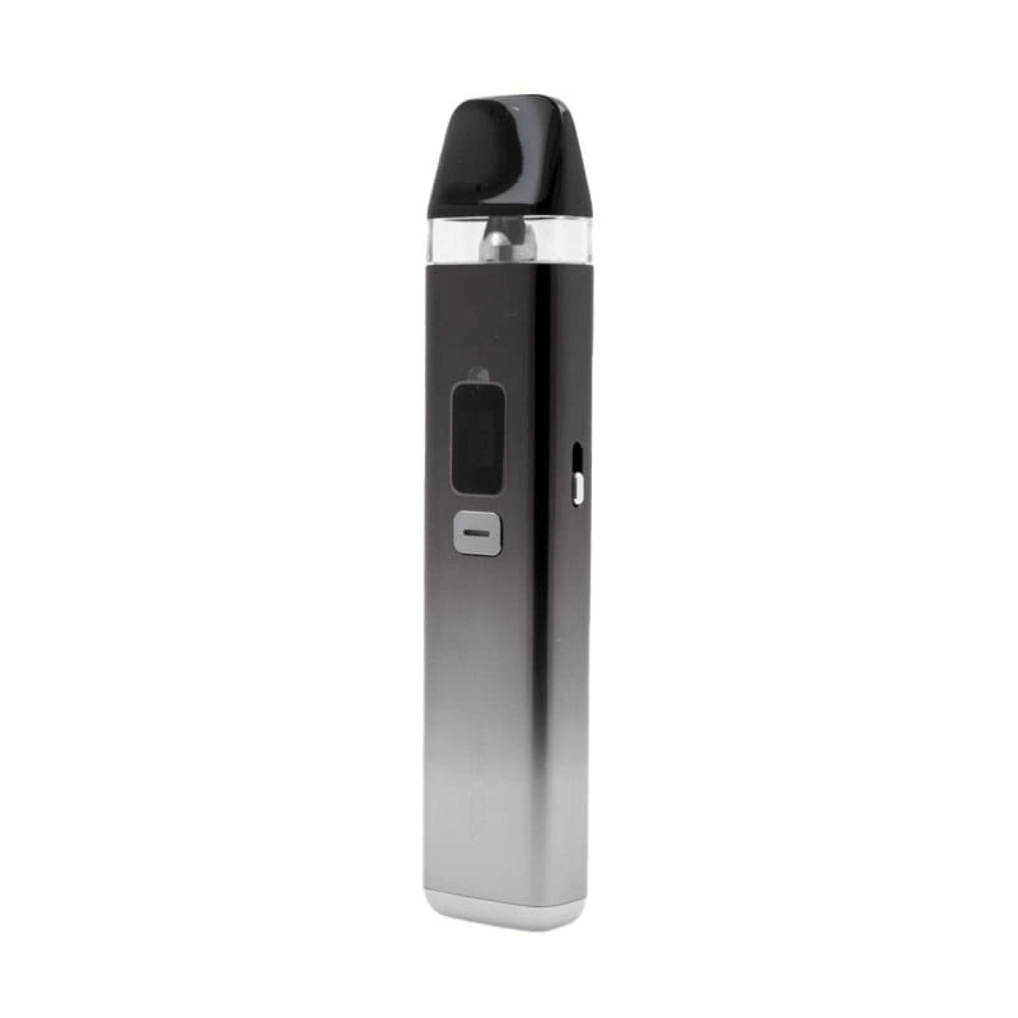 Kit Pod Wenax Q Geekvape en dégradé noir et argent, vue de trois quarts avec écran