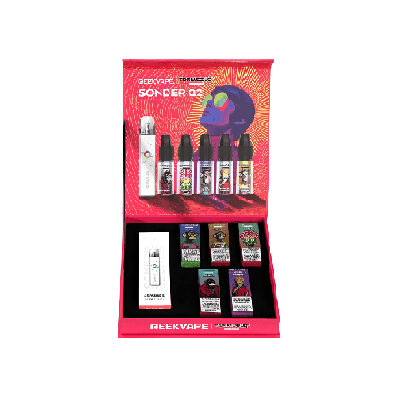 Coffret Sonder Q2 Geekvape x Tornadoliq ouvert avec le pod et les flacons d'e-liquide