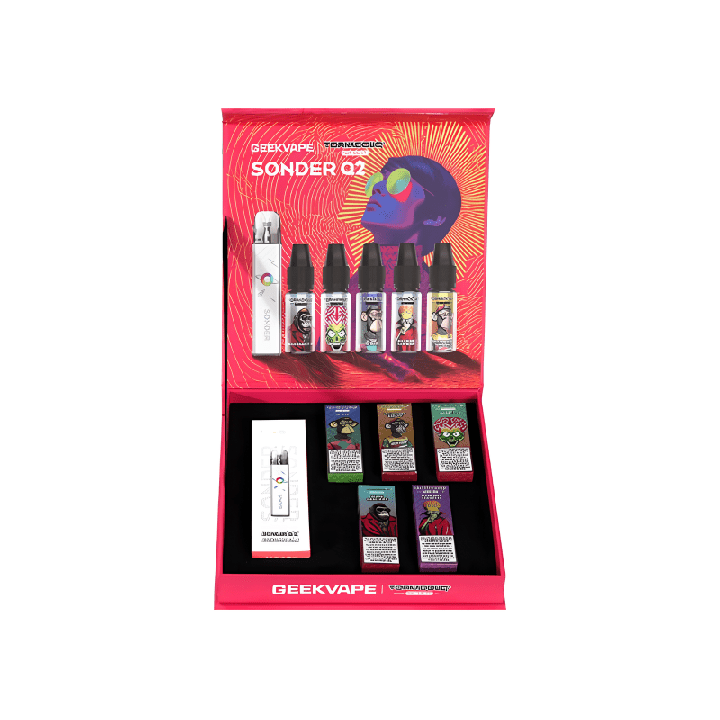 Coffret Sonder Q2 Geekvape x Tornadoliq ouvert avec le pod et les flacons d'e-liquide