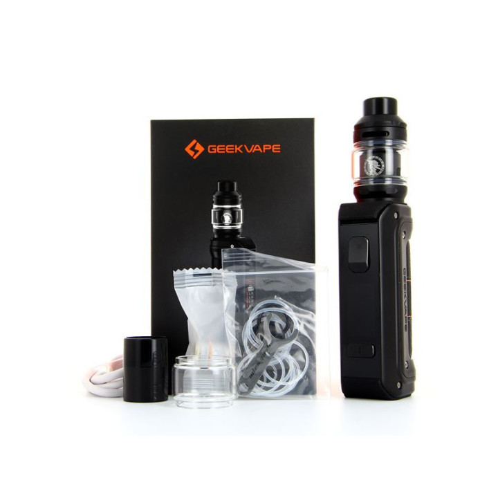Contenu de la boîte du kit Aegis Max 2 Geekvape : box, clearomiseur, pyrex et pièces