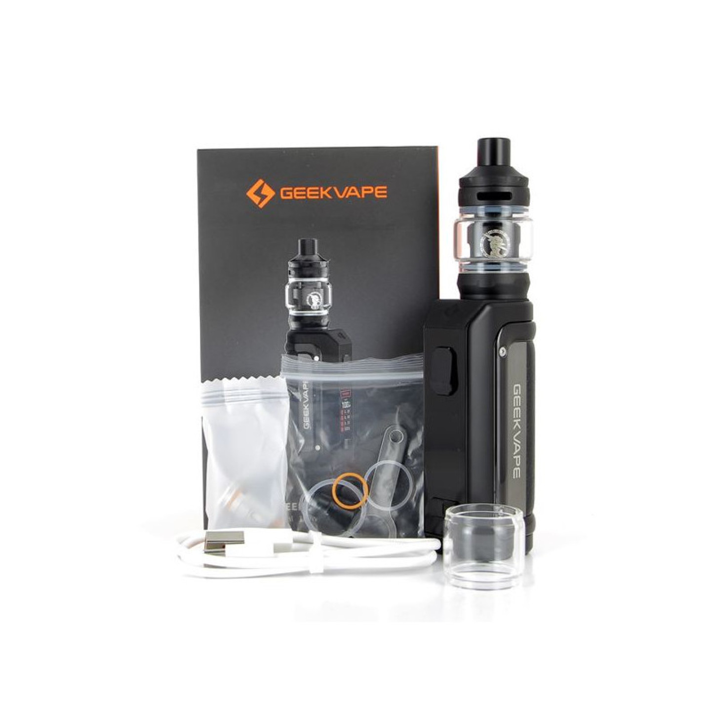 Contenu de la boîte du kit Aegis Mini 2 Geekvape avec pyrex de rechange et câble