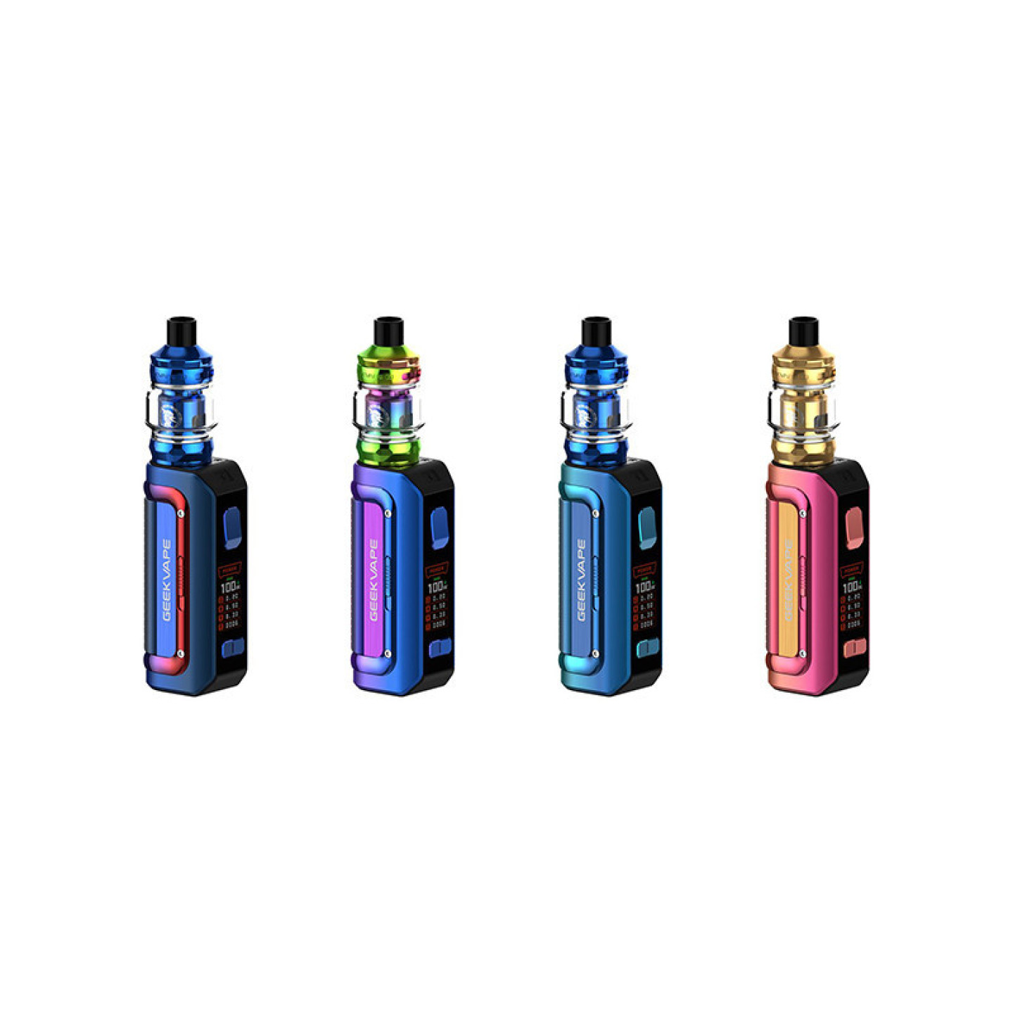 Coloris Blue Red, Rainbow Purple, Mint Green et Pink Gold du kit Aegis Mini 2 Geekvape