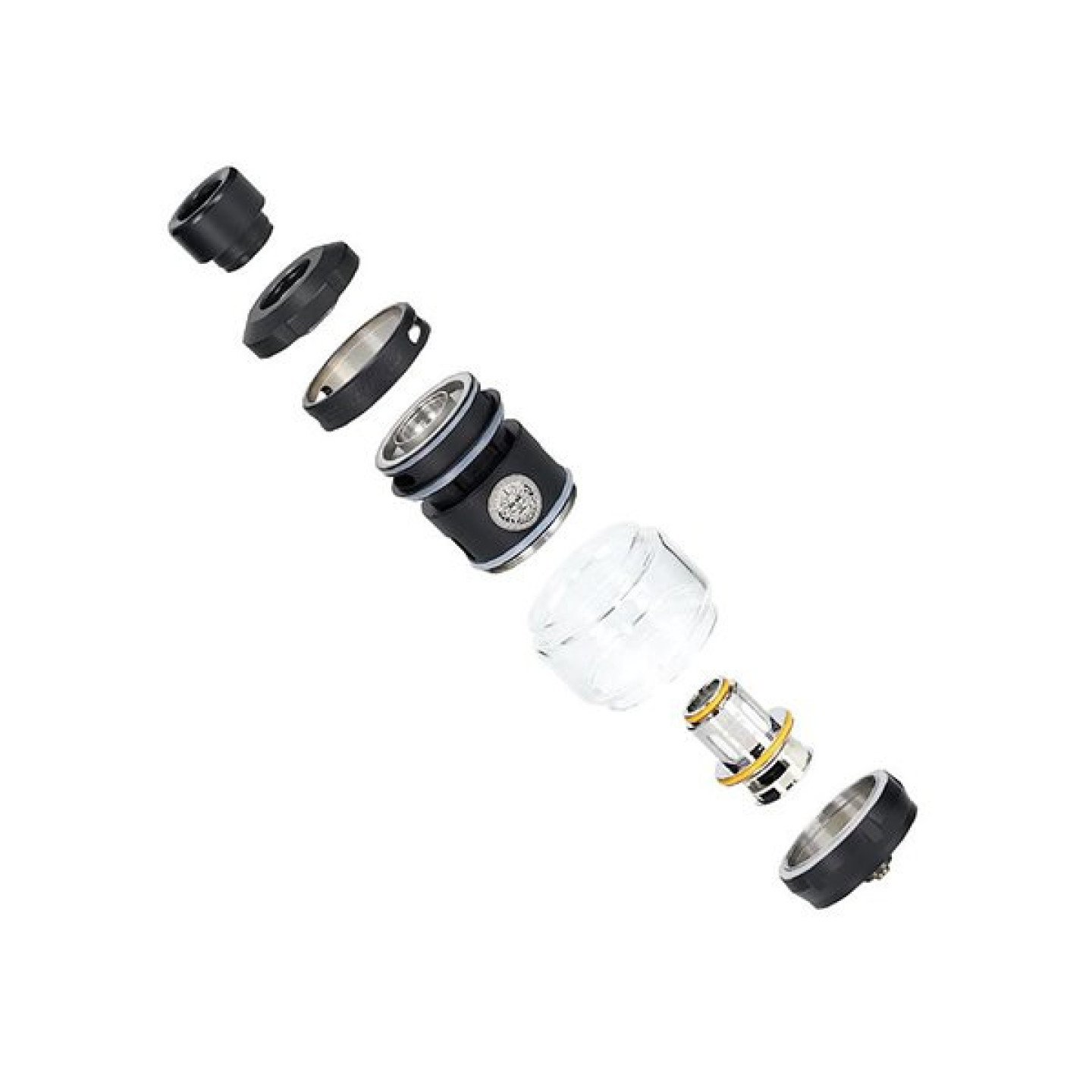 Vue éclatée du clearomiseur Z Max Geekvape : drip tip, capuchon, verre bombé, résistance et base