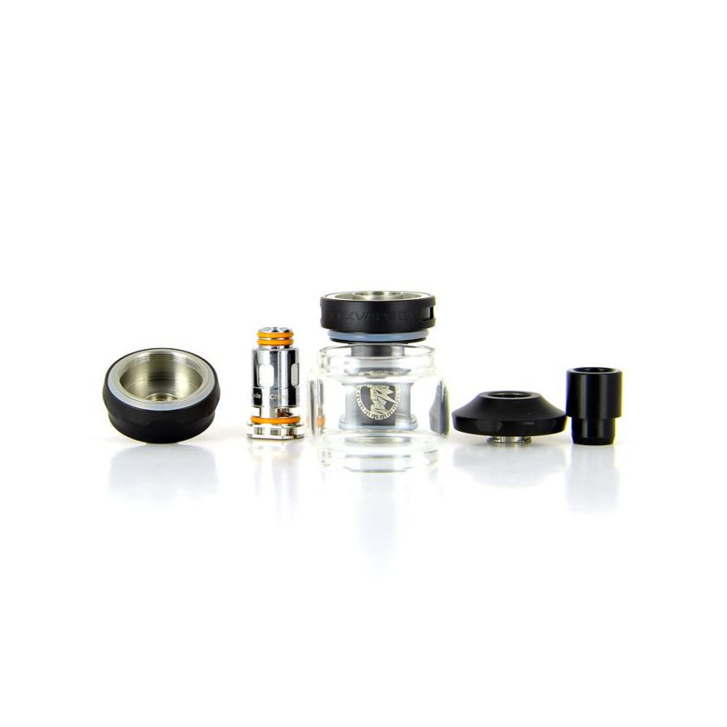 Pièces du clearomiseur Z Nano 2 Geekvape démonté : base, résistance, verre, capuchon et drip tip