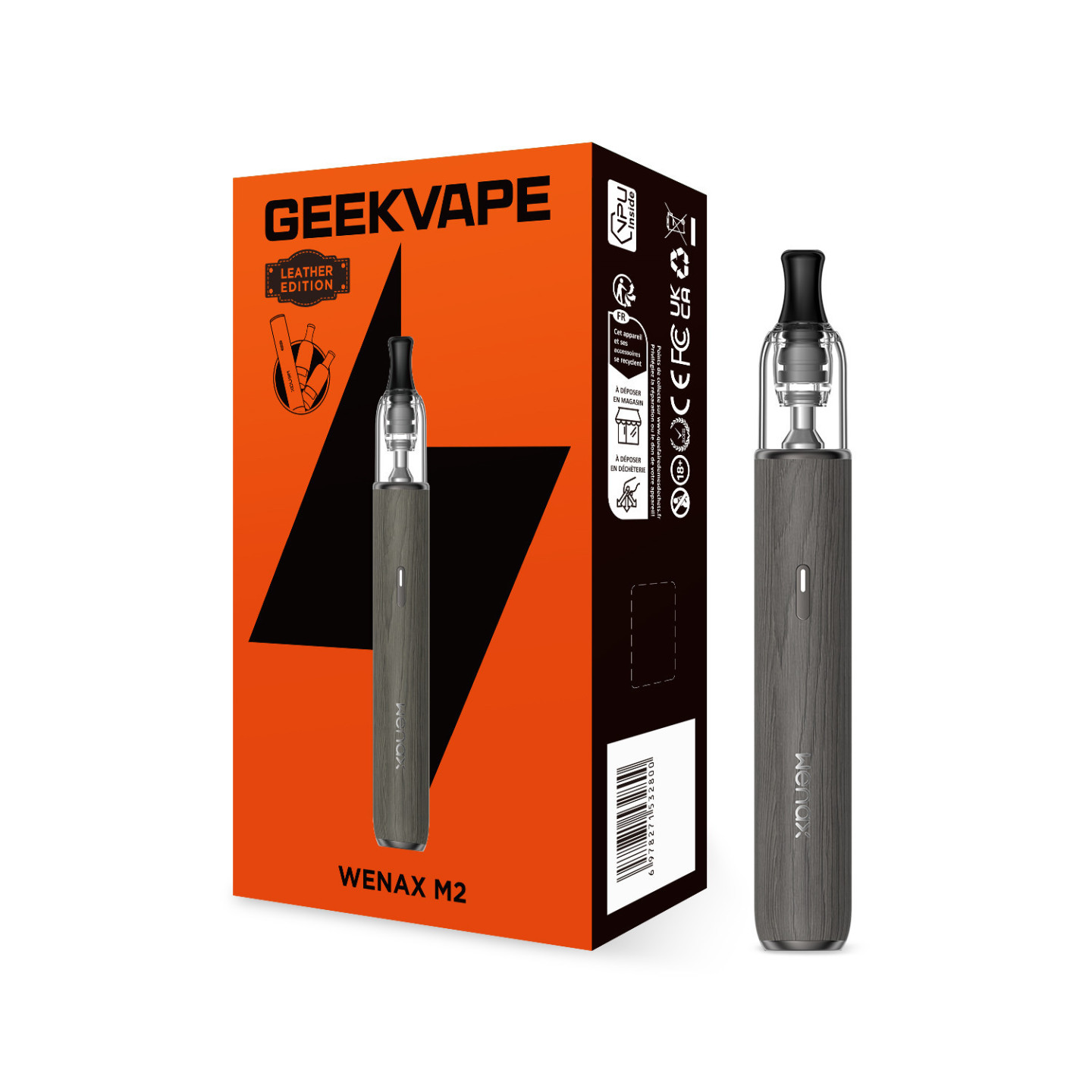 Wenax M2 Leather Geekvape coloris Oak Grey devant sa boîte