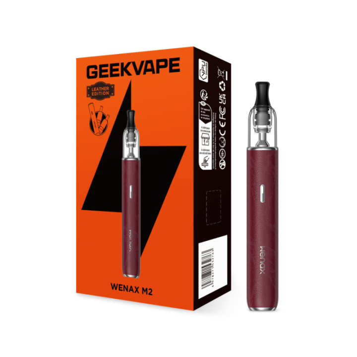 Wenax M2 Leather Geekvape coloris Wine Red devant sa boîte