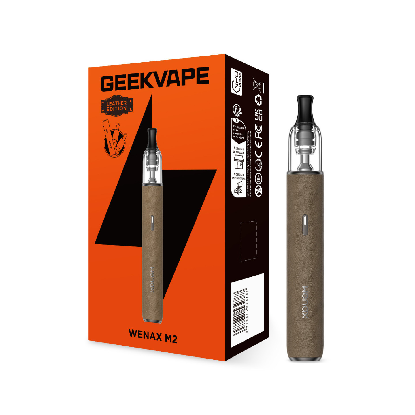 Wenax M2 Leather Geekvape coloris Dune Mocha devant sa boîte