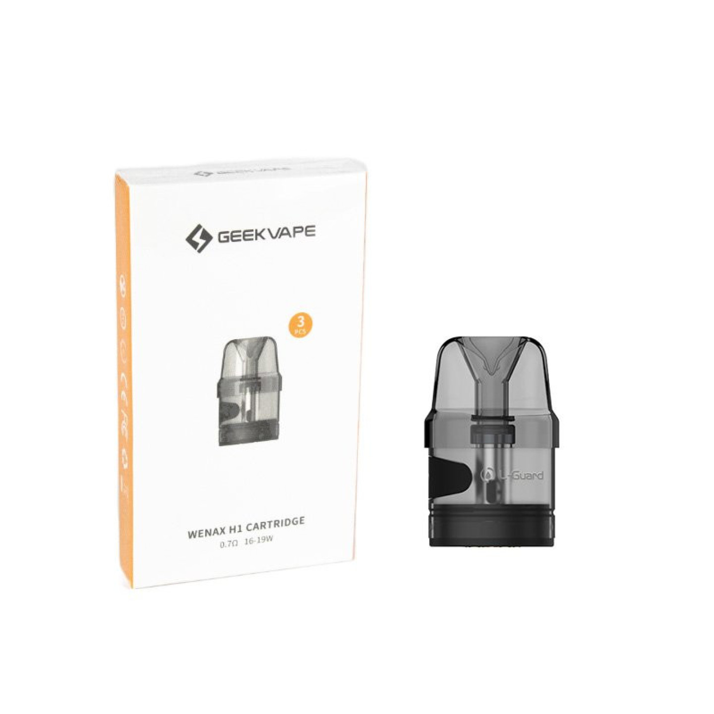 Boîte de cartouches Wenax H1 Geekvape 0.7 ohm posée à côté d'une cartouche