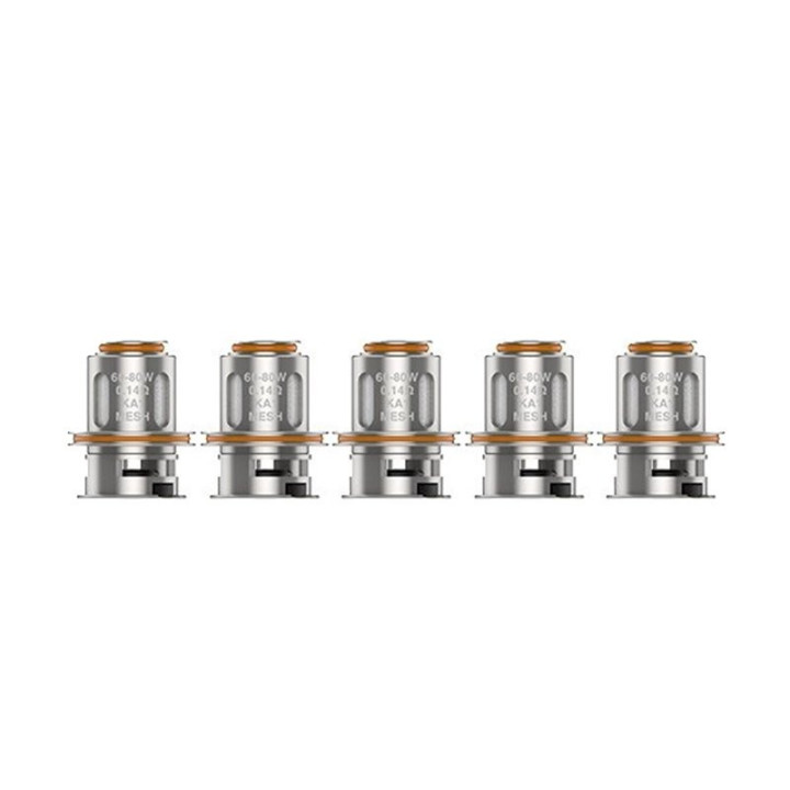 Cinq résistances M Series Geekvape 0.14 ohm alignées, vue de face