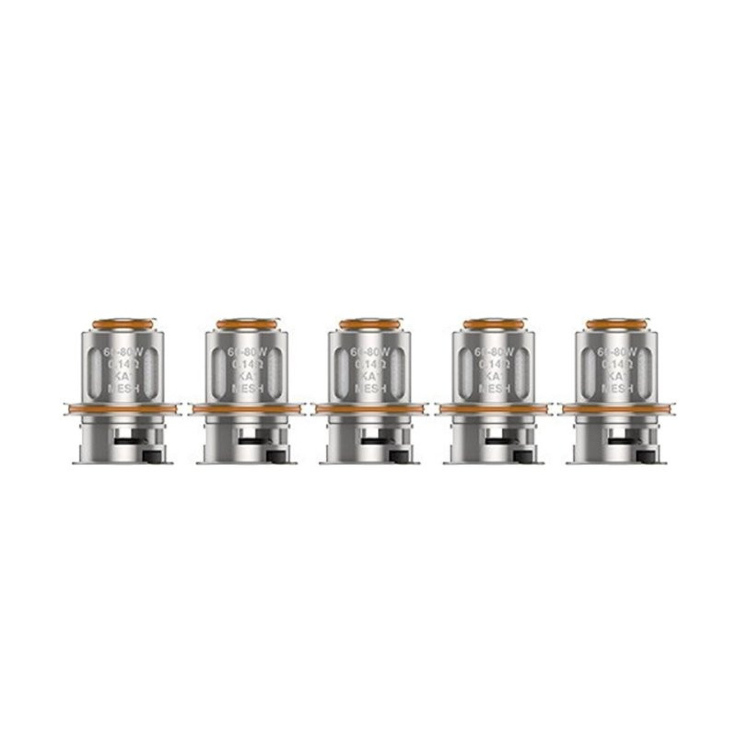 Cinq résistances M Series Geekvape 0.14 ohm alignées, vue de face