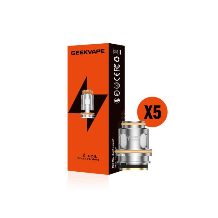 Boîte de cinq résistances Z Geekvape version Boost et une tête posée devant