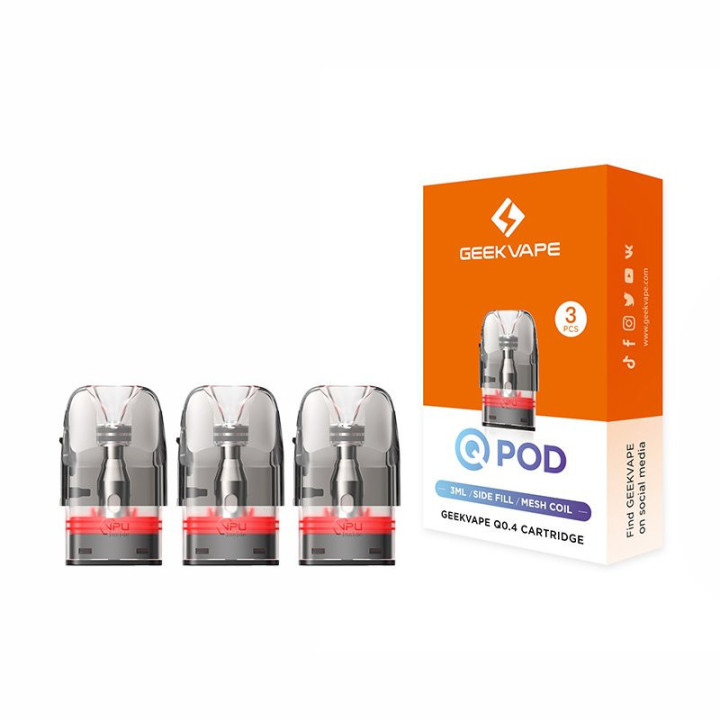 Ancien emballage Q Pod : trois cartouches Q 3 ml Geekvape 0.4 ohm devant leur boîte