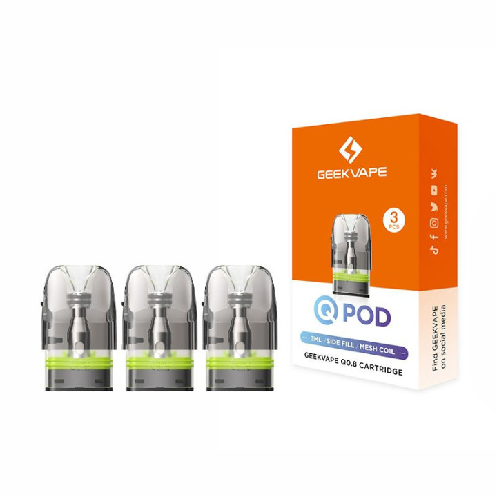 Ancien emballage Q Pod : trois cartouches Q 3 ml Geekvape 0.8 ohm devant leur boîte