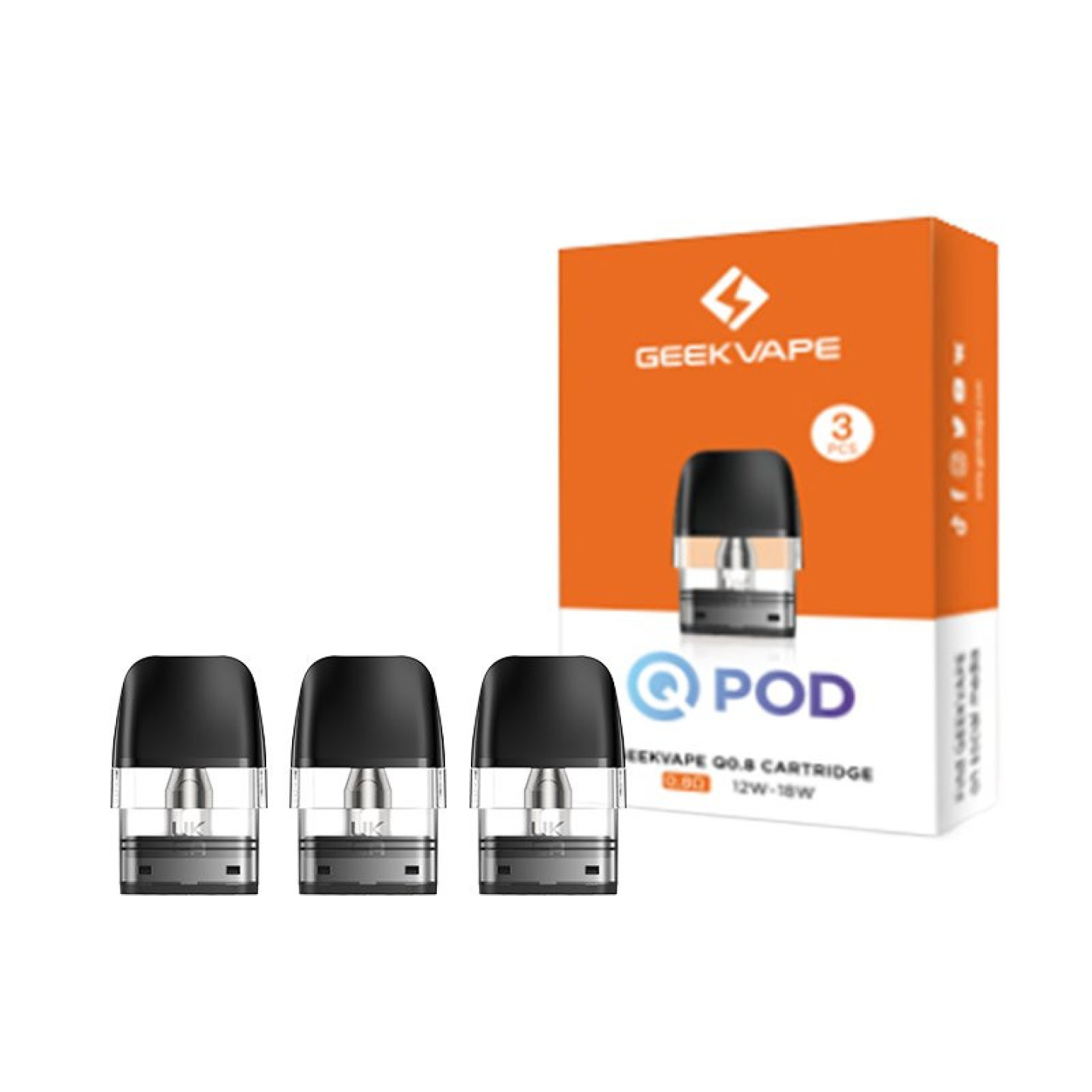 Trois cartouches Q 2 ml Geekvape 0.8 ohm posées devant la boîte Q Pod