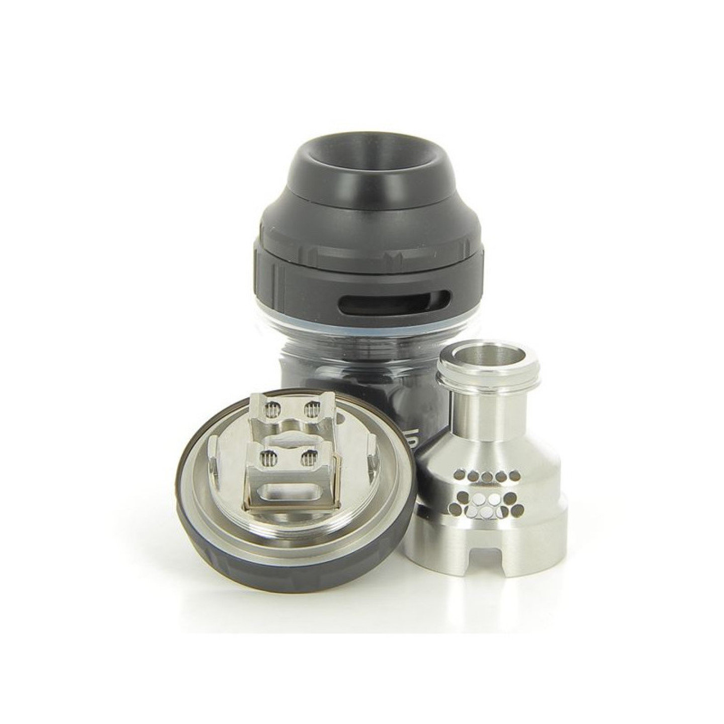 Atomiseur Zeus X RTA Geekvape démonté : capuchon, plateau et cheminée