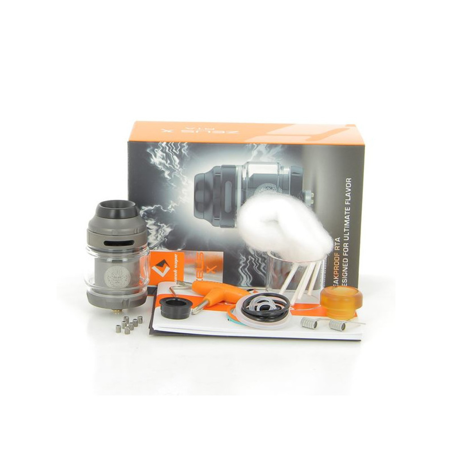 Contenu de la boîte du Zeus X RTA Geekvape : coton, outils et pièces de rechange