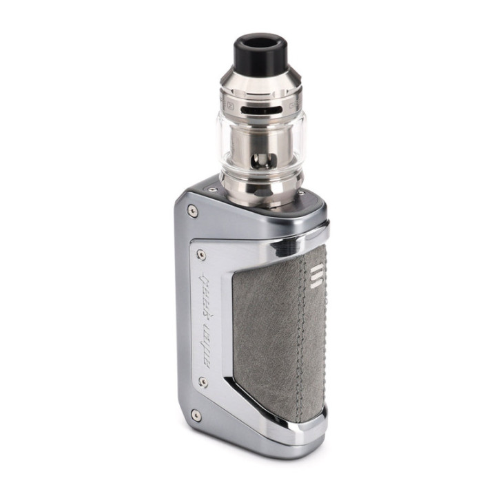 Kit Aegis Legend 2 Geekvape finition argent et cuir gris, vue de trois quarts