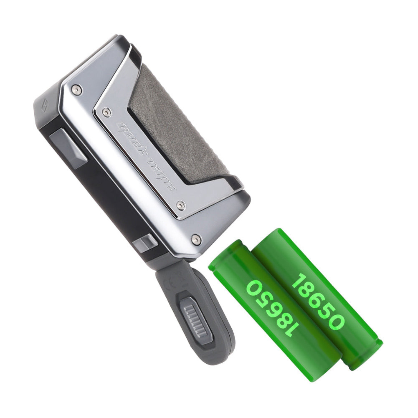 Box L200 Geekvape trappe ouverte à côté de deux accus 18650