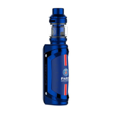 Kit S100 PSG Geekvape, box bleue à bandes rouge et blanche et clearomiseur Zeus Sub-Ohm 2021, vue de face