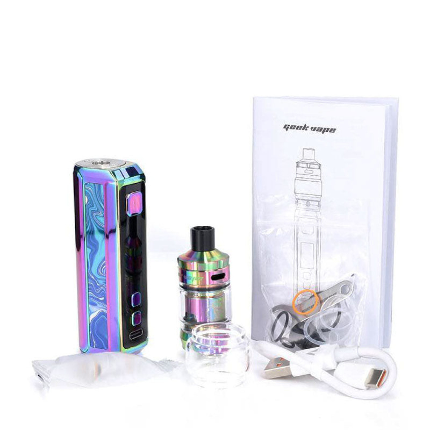 Contenu de la boîte du kit Z50 Geekvape : box, clearomiseur Z Nano, verre de rechange, câble et manuel