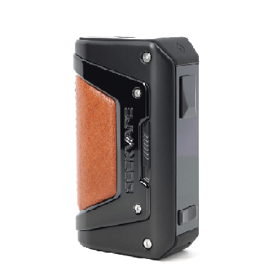 Box Aegis Legend 2 Geekvape coloris Black avec insert cuir marron, vue de trois quarts