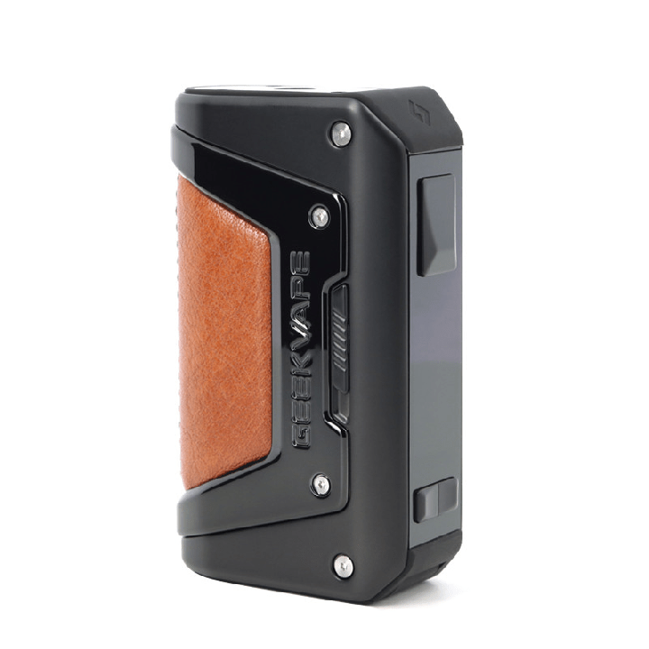 Box Aegis Legend 2 Geekvape coloris Black avec insert cuir marron, vue de trois quarts