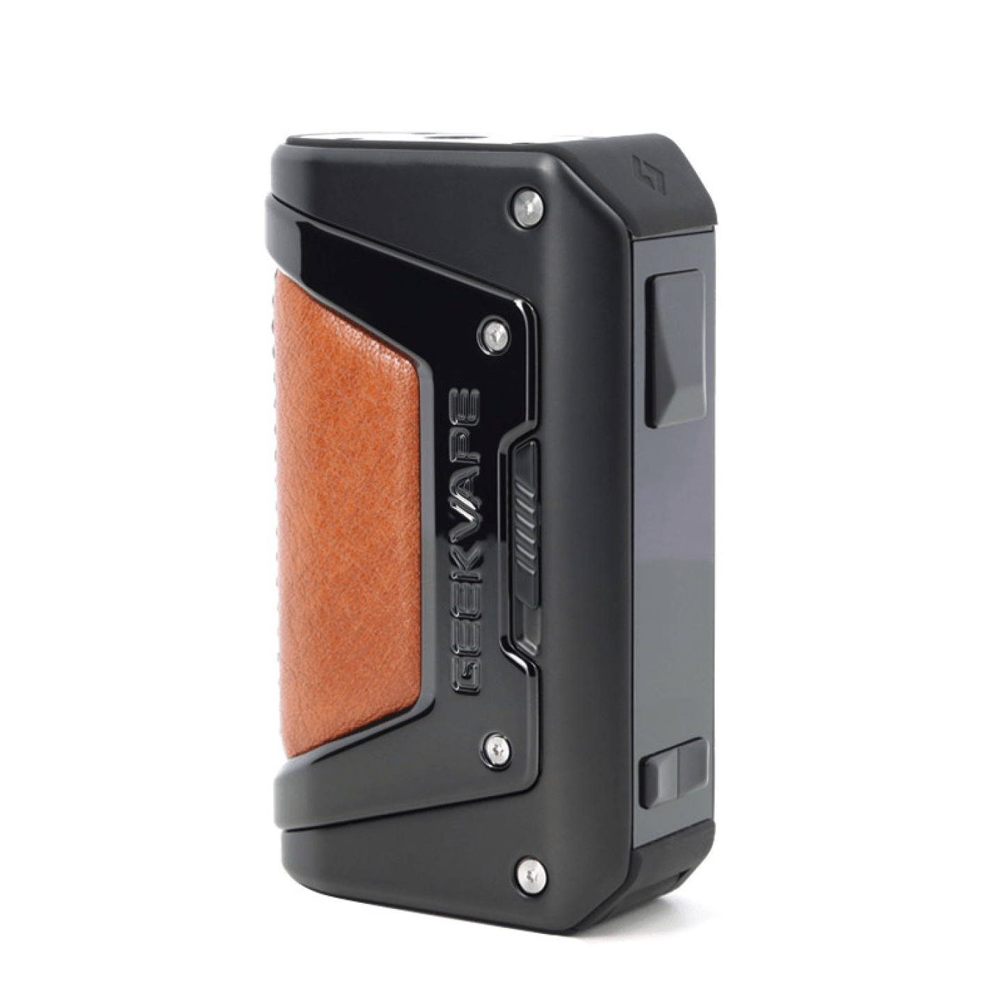 Box Aegis Legend 2 Geekvape coloris Black avec insert cuir marron, vue de trois quarts