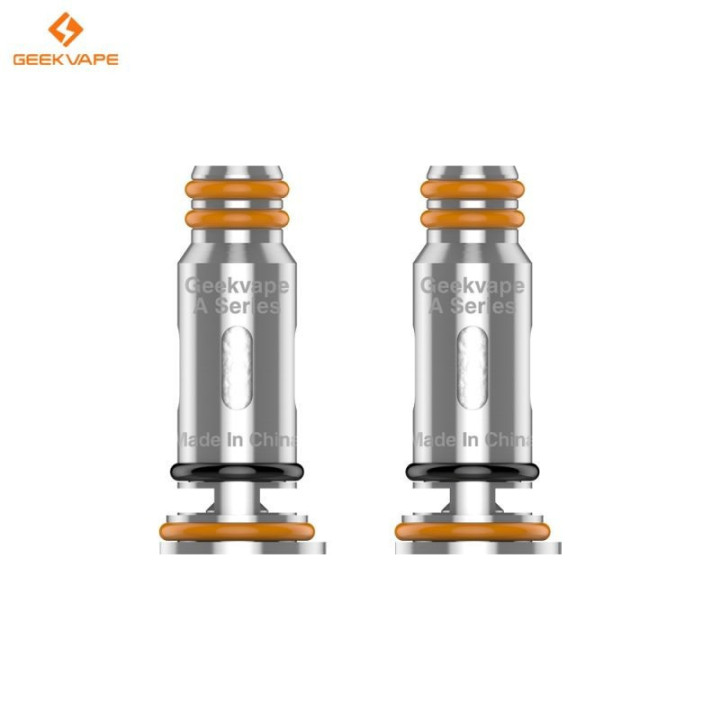 Deux résistances A Series Geekvape en gros plan, gravure et joints orange visibles