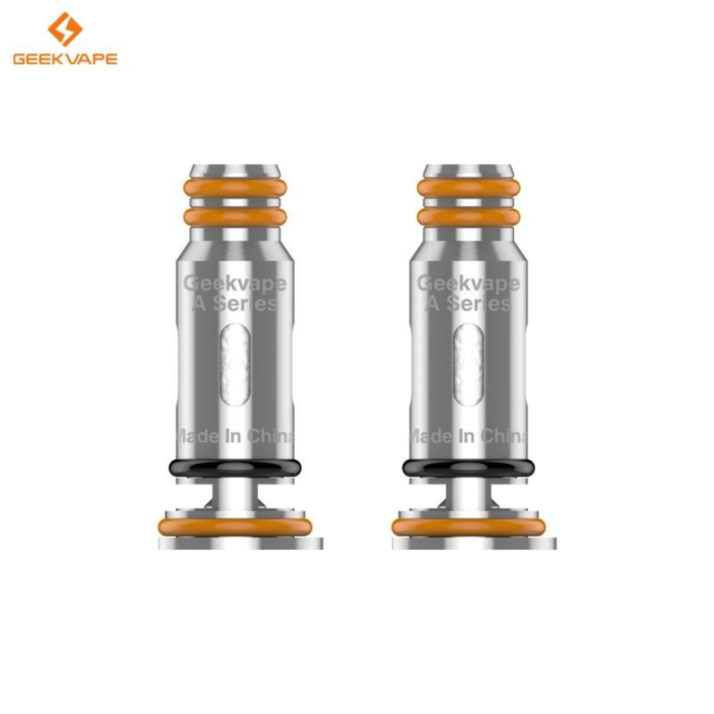 Deux résistances A Series Geekvape en gros plan, gravure et joints orange visibles