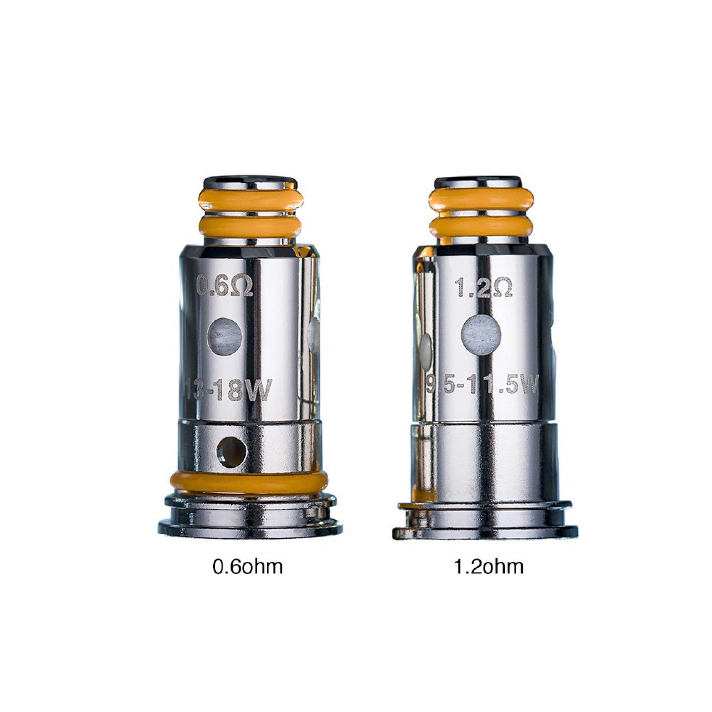 Résistances G Series Geekvape 0.6 ohm et 1.2 ohm côte à côte, plages 13-18 W et 9,5-11,5 W gravées
